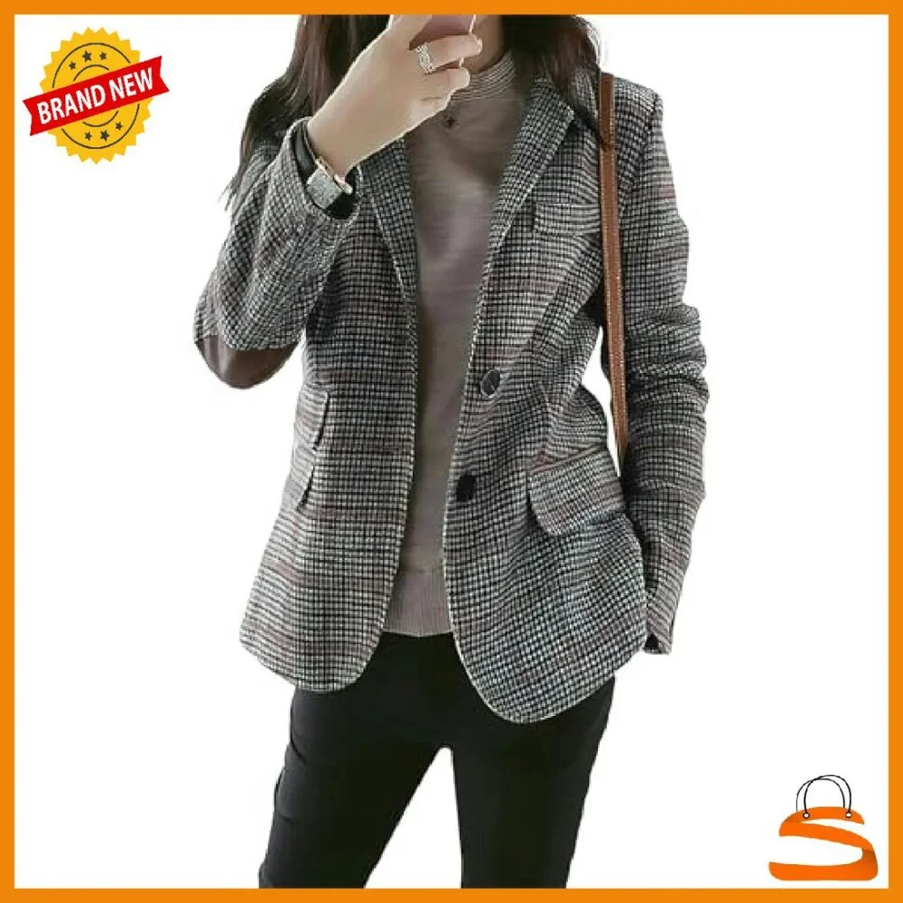 Wool Plaid Blazer Slim Fit Notched Lapel Elbow Patch Jacket - Picture 2 of 4